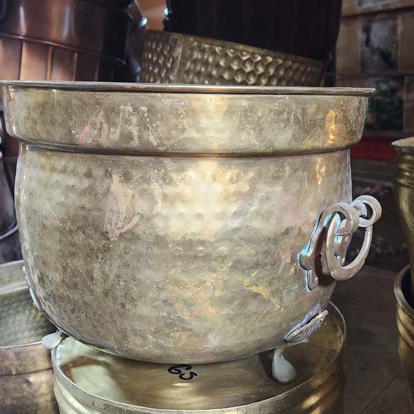 Footed Swing Handle Hammered Out Brass Pots